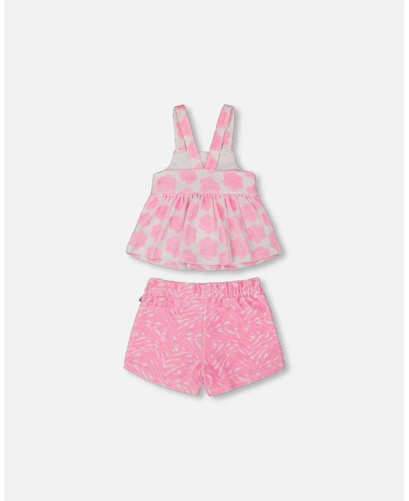 Deux par Toddler Girls Printed Terry Tank Top And Shorts Set Vibrant Pink White - Toddler|Child