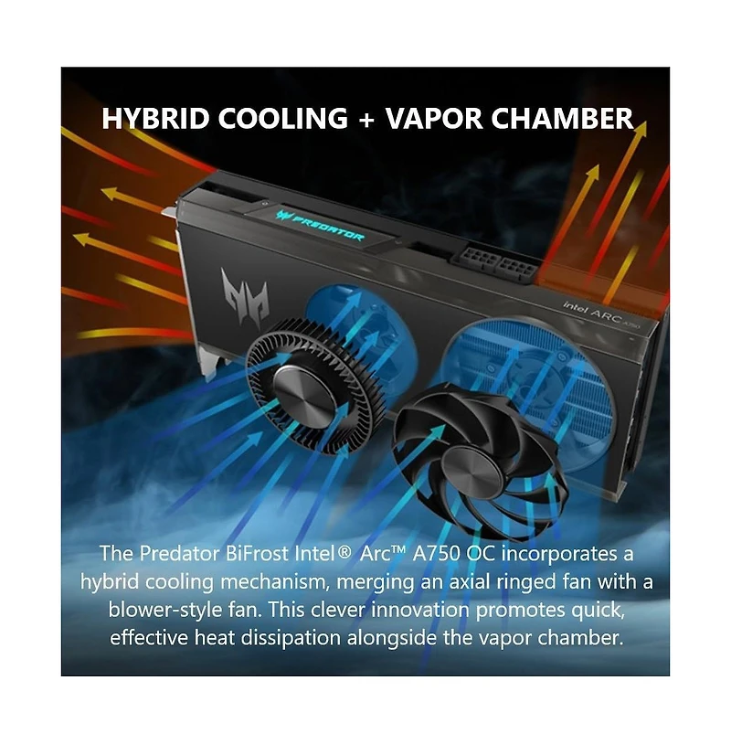 acer | Predator BiFrost Intel Arc A750 Overclocking Graphics Card | 8GB GDDR6 256-bit 16 Gbps | Dual Fan Hybrid Cooling and Vapor Chamber | Tpd 250W |