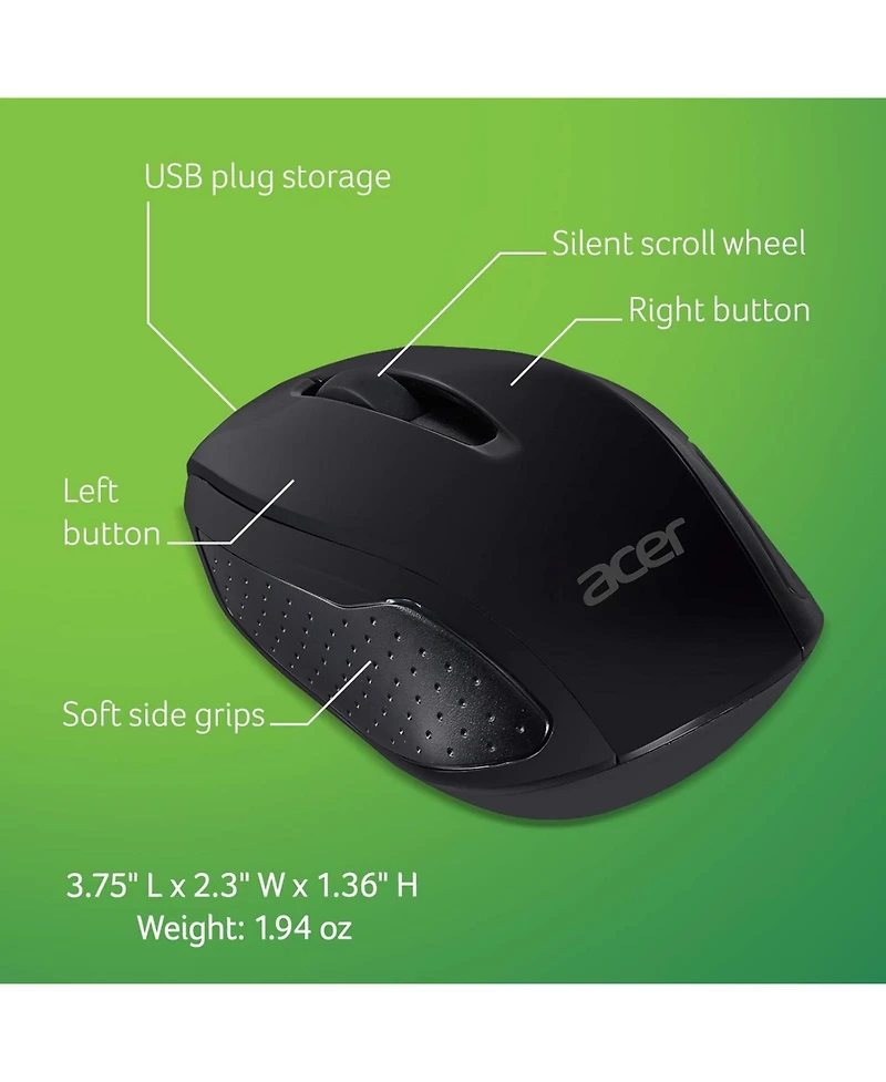 acer Rf Wireless Mouse M501 (Black), Works with Chromebook, with Usb Plug and Play for Right/Left Handed Users (for Chromebooks, Windows Pc & Mac