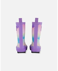 Deux par Deux Big Girls Printed Rain Boots Mauve And Blue, Pink Mountain - Toddler|Child