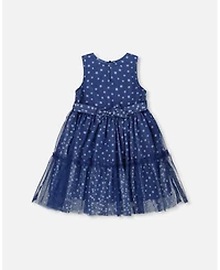 Deux par Deux Big Girls Printed Tiered Dress Blue With Daisy Print
