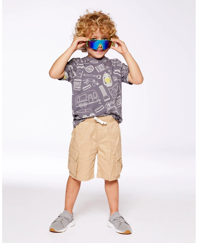 Deux par Deux Toddler Boys Printed Organic Cotton Tee Grayish Blue And Camping - Toddler|Child