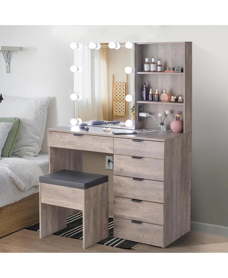 6 Drawers, 2 Shelves, 3 Light Bulbs Mirror Cabinet Dressing Table Set Elegant Vanity with Ample Storage and Led Lighting