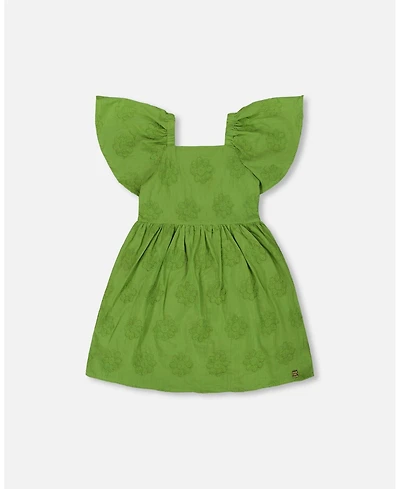 Deux par Deux Big Girls Frill Sleeve Dress With Embroidery Green