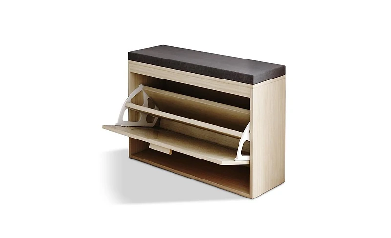 Flip-Drawer Shoe Storage Bench – Rattan Front Cabinet with Cushioned Seat for Entryway or Hallway