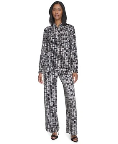 Halston Womens Geo Print Patch Pocket Shirt High Rise Wide Leg Pull On Pants