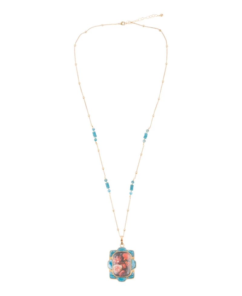 Barse Scenic Red Florals Blue Apatite Golden Pendant Necklace