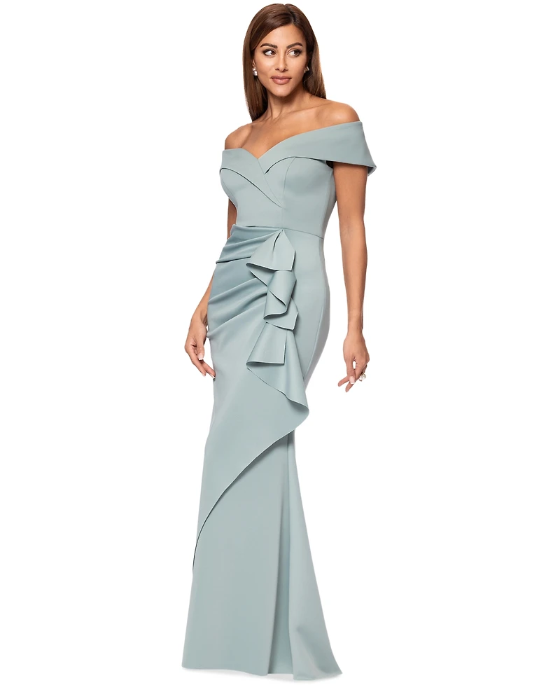 Xscape Scuba Off-The-Shoulder Gown