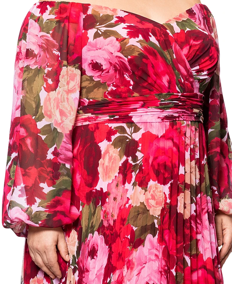 Xscape Plus Size Floral Off-The-Shoulder Pleated Gown