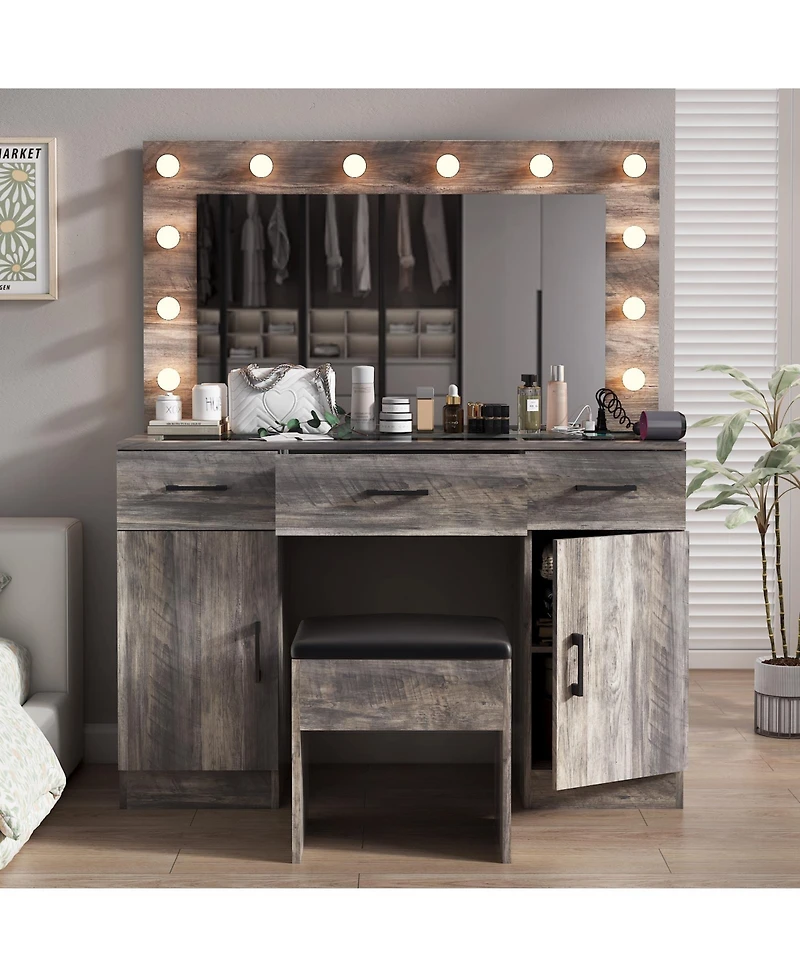 Vanity Desk Set with Large Lighted Mirror and Power Outlet for Convenient Makeup Grooming