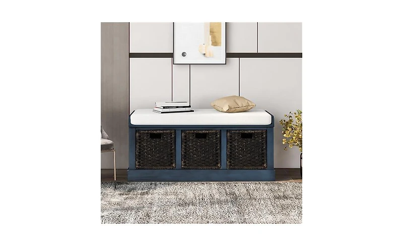 Storage Bench with Rattan Baskets – Rustic Entry Bench with 3 Compartments and Removable Cushion