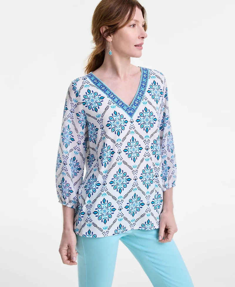 Jm Collection Women's Embellished V-Neck 3/4-Sleeve Top, Exclusively at Macy's