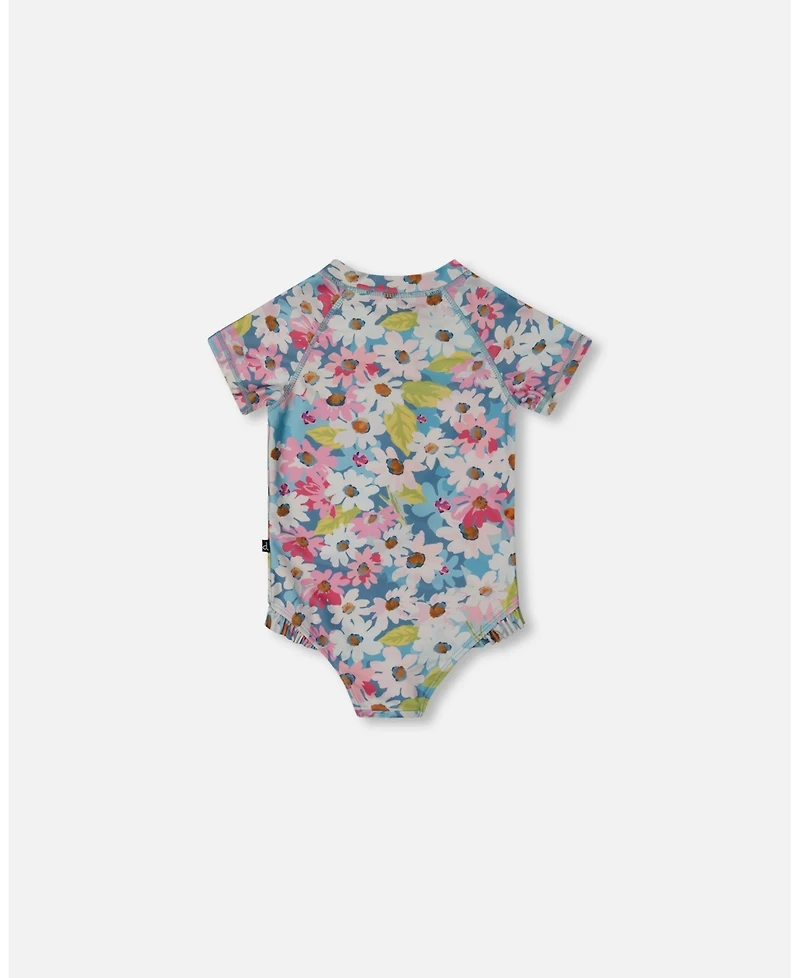 Deux par Girls Printed Short Sleeve One-Piece Swimsuit With Frills White, Pink, And Green Flowers