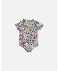 Deux par Girls Printed Short Sleeve One-Piece Swimsuit With Frills White, Pink, And Green Flowers