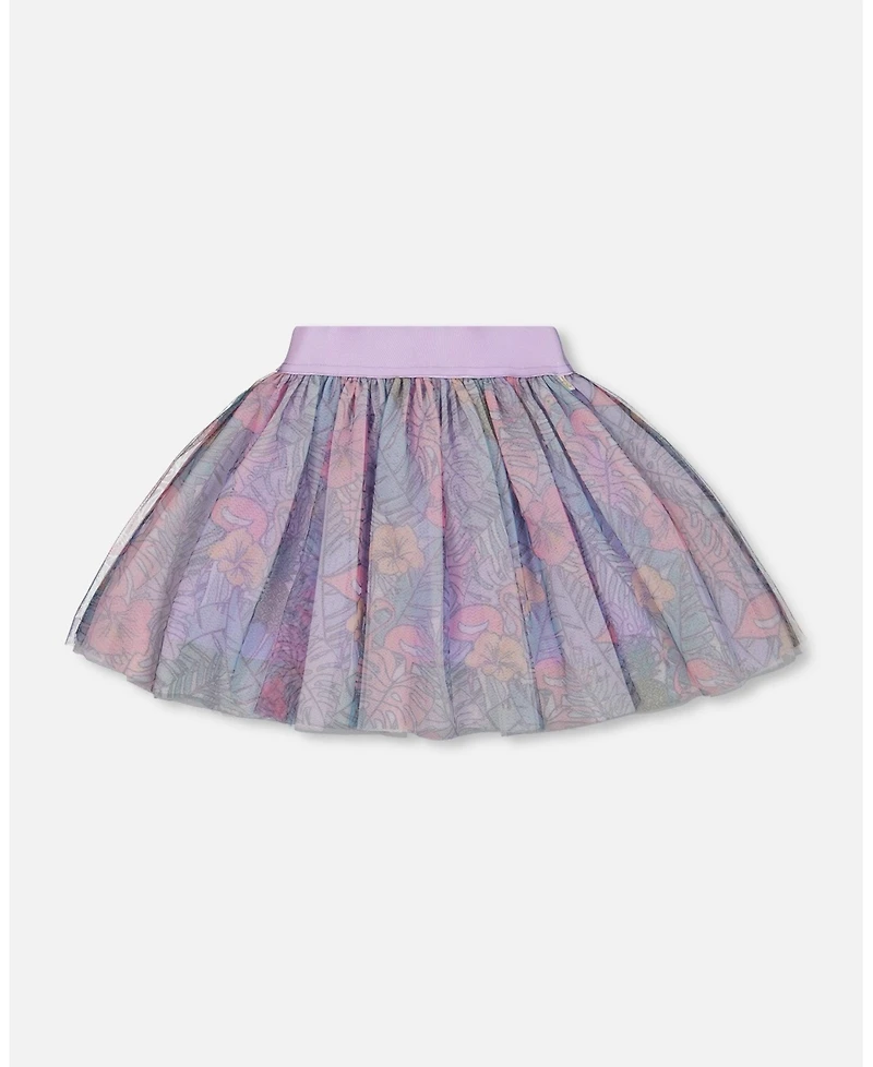 Deux par Deux Toddler Girls Printed Mesh Skirt Lilac Tropical And Pink Flamingos - Toddler|Child