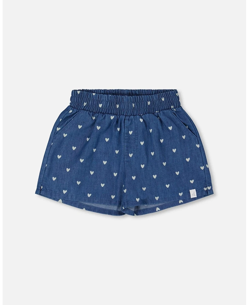 Deux par Deux Toddler Girls Printed Chambray Short Navy Blue And White Hearts - Toddler|Child