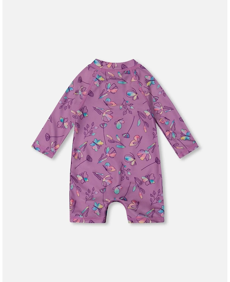 Deux par Deux Girl Printed Long Sleeve One-Piece Rashguard Old Mauve And Multicolored Butterflies - Toddler|Child