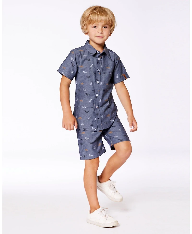 Deux par Deux Toddler Boys Printed Chambray Short Gray, White And Tan - Toddler|Child
