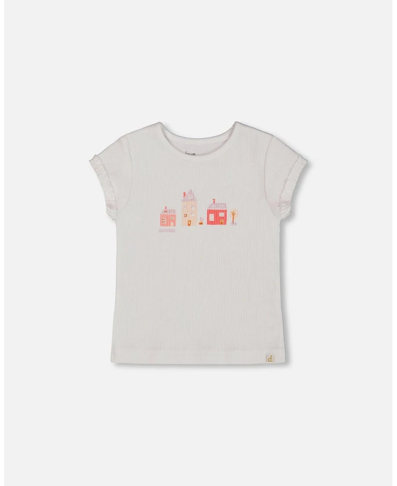 Deux par Toddler Girls Flat Back Rib Top With Print White And Pink House - Toddler|Child