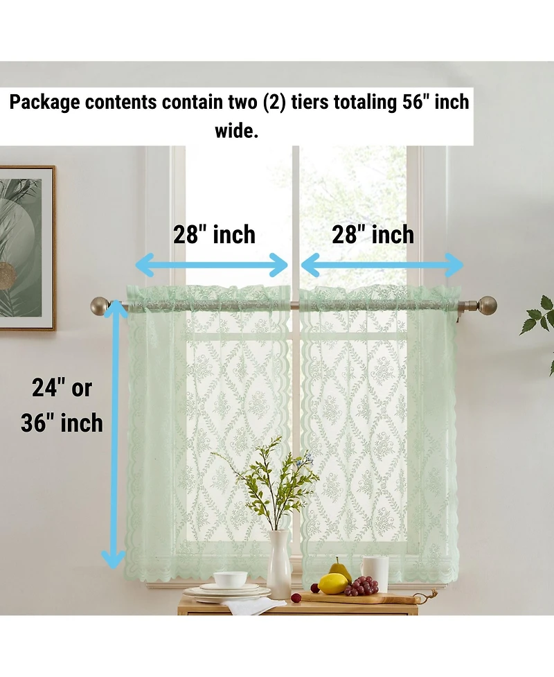 Hlc.me Isabella Floral Rod Pocket Lace Semi Sheer Voile Short Cafe Tiers for Small Windows - 28 x 36 Inch Length (Seafoam Green Tiers, Set of 2)