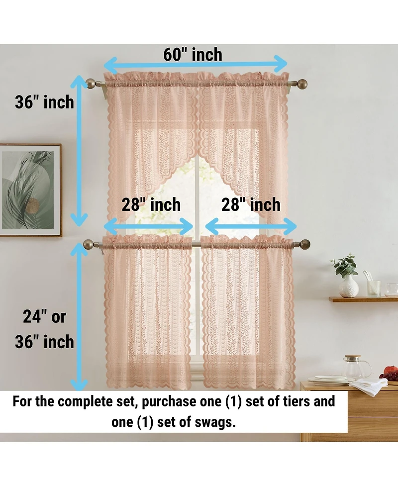 Hlc.me Sophia Floral Rod Pocket Lace Semi Sheer Voile Short Cafe Tiers for Small Windows - 28 x Inch Length (Blush Pink Tiers