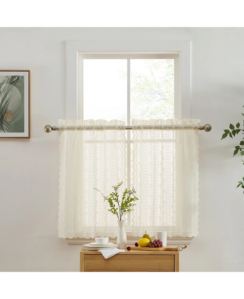 Hlc.me Sophia Floral Rod Pocket Lace Semi Sheer Voile Short Cafe Tiers for Small Windows - 28 x Inch Length ( Tiers