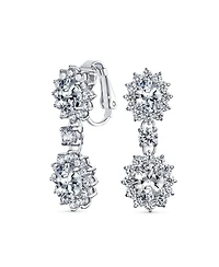 Bling Jewelry Crown Halo Pave Cubic Zirconia Cz Drop Dangling Oval Chandelier Clip On Earrings Statement Non-Pierced