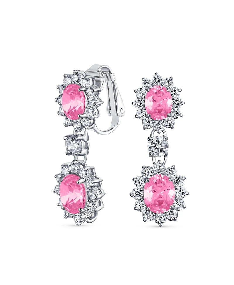Bling Jewelry Crown Halo Pave Cubic Zirconia Cz Drop Dangling Oval Chandelier Clip On Earrings Statement Non-Pierced