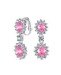 Bling Jewelry Crown Halo Pave Cubic Zirconia Cz Drop Dangling Oval Chandelier Clip On Earrings Statement Non-Pierced