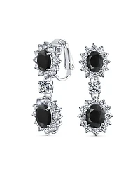 Bling Jewelry Crown Halo Pave Cubic Zirconia Cz Drop Dangling Oval Chandelier Clip On Earrings Statement Non-Pierced