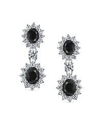 Bling Jewelry Crown Halo Pave Cubic Zirconia Cz Drop Dangling Oval Chandelier Clip On Earrings Statement Non-Pierced