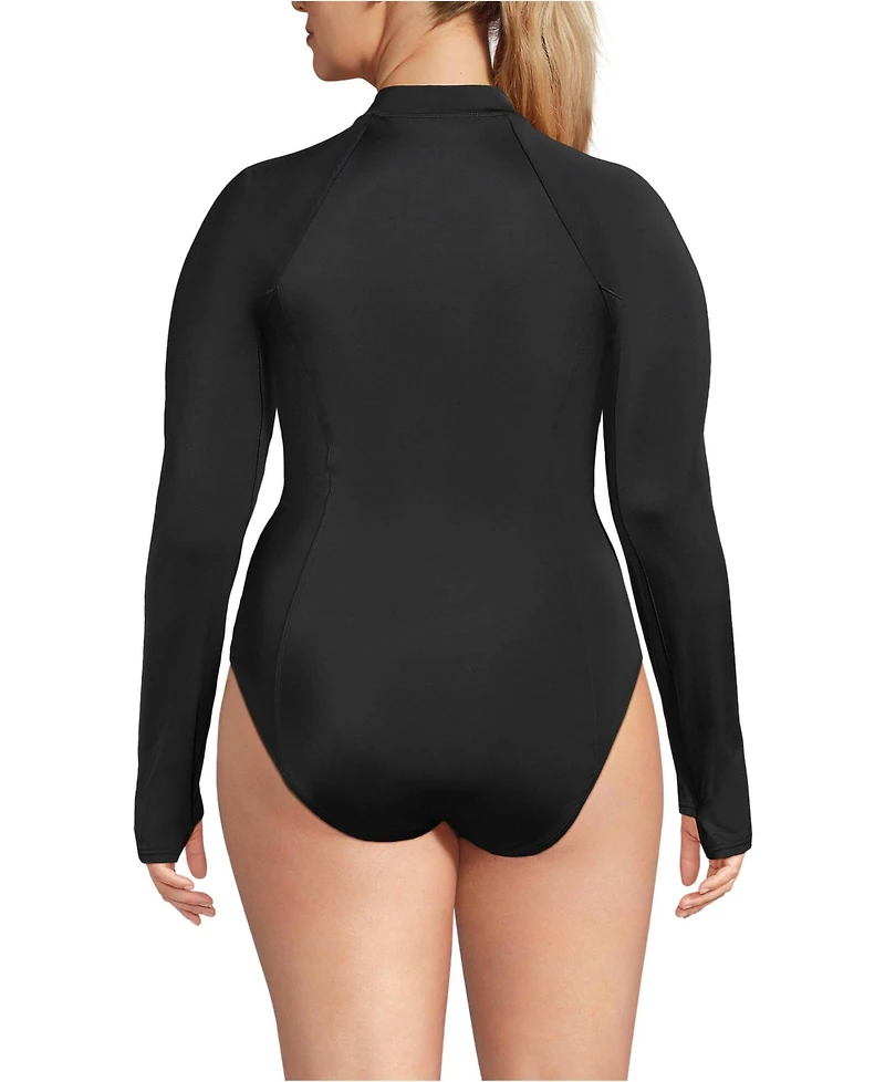 Lands' End Plus Tugless Long Sleeve Rash Guard One Piece Swimsuit