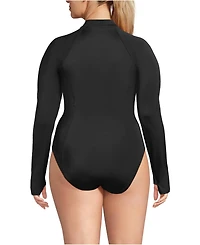 Lands' End Plus Tugless Long Sleeve Rash Guard One Piece Swimsuit