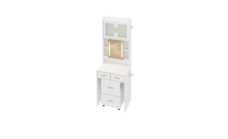 Small Vanity Desk with Mirror and Led Lights – Compact Makeup Table with Charging Station and Storage Shelves for Small Spaces