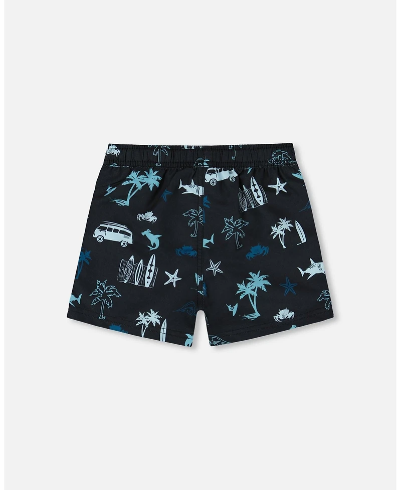 Deux par Deux Boys Printed Swim Trunks Light Blue Beach On Black