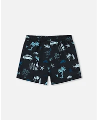 Deux par Deux Boys Printed Swim Trunks Light Blue Beach On Black