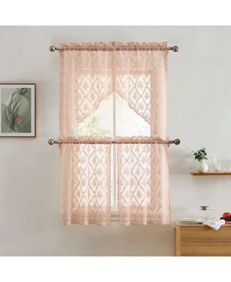 Hlc.me Isabella Floral Rod Pocket Lace Semi Sheer Voile Short Cafe Tiers for Small Windows - 28 x 36 Inch Length (Blush Pink Tiers, Set of 2)