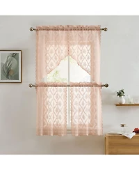 Hlc.me Isabella Floral Rod Pocket Lace Semi Sheer Voile Short Cafe Tiers for Small Windows - 28 x 36 Inch Length (Blush Pink Tiers, Set of 2)