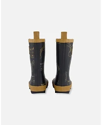 Deux par Deux Little Boys Printed Rain Boots Beige Animals On Black Background
