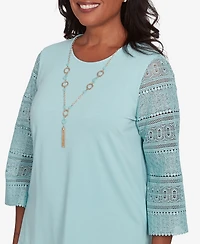 Alfred Dunner Women's Kensington Gardens Solid Lace Sleeve Knit Top with Necklace