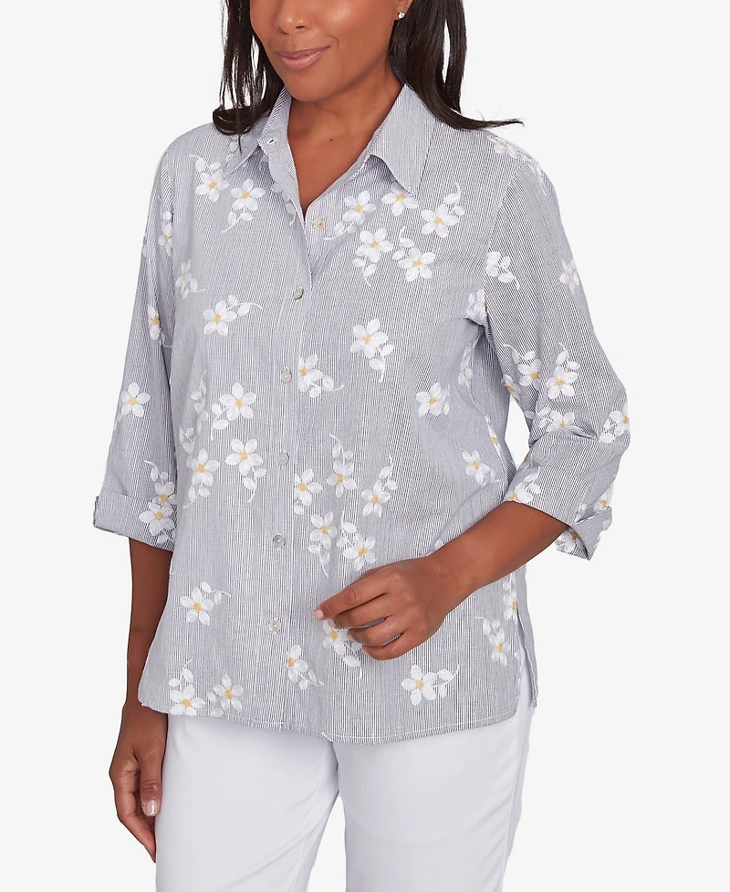 Alfred Dunner Women's Dress Code Flower Embroidered Button Down Striped Top