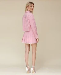 Avec Les Filles Womens Striped Lace Trimmed Cropped Shirt Pleated Lace Trim Mini Skirt