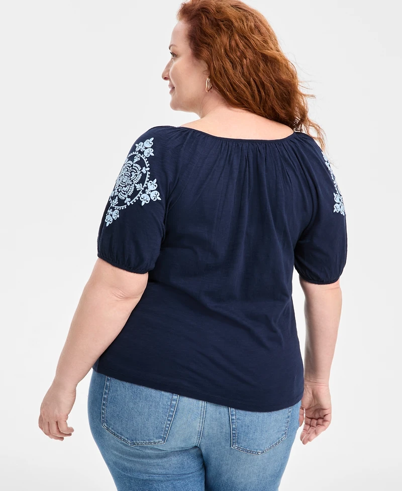Style & Co Plus Size Embroidered Knit Peasant Top, Exclusively at Macy's