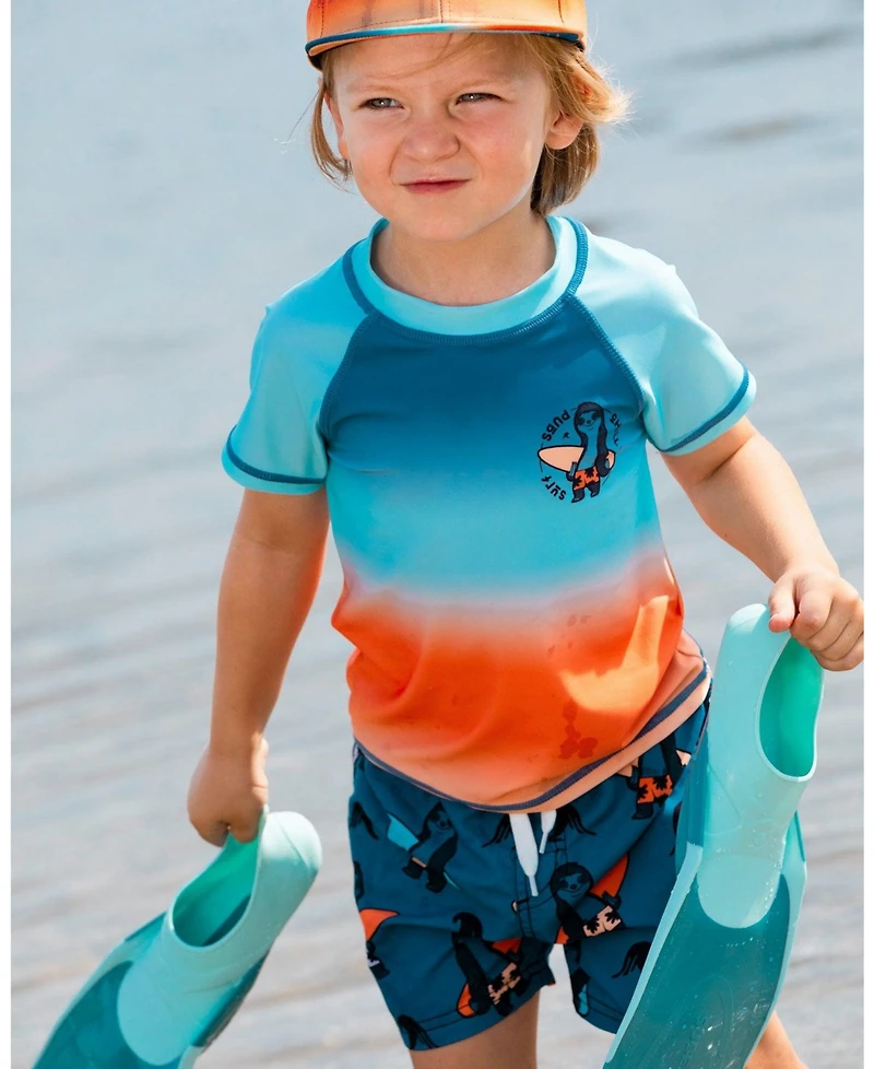 Deux par Deux Baby Boys Printed Swim Trunks Orange Sloths On Navy Blue