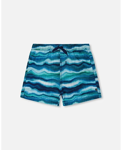 Deux par Deux Boys Printed Boardshorts Blue Wave And Black