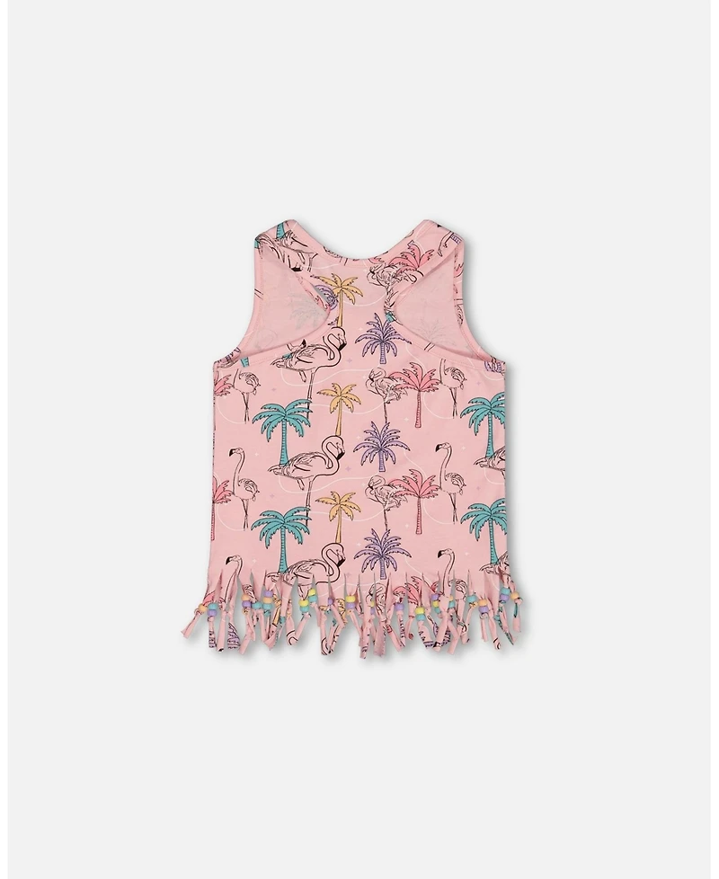 Deux par Deux Toddler Girls Printed Cotton Tank Top With Fringe Palm Trees, Pink Flamingo, And Turquoise - Toddler|Child