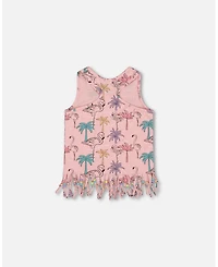 Deux par Deux Toddler Girls Printed Cotton Tank Top With Fringe Palm Trees, Pink Flamingo, And Turquoise - Toddler|Child