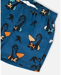 Deux par Boy Printed Swim Trunks Orange Sloths On Navy Blue - Toddler|Child