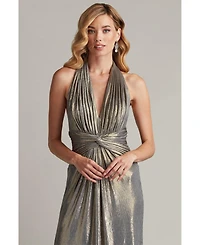 Tadashi Shoji Women's Mona Pleated Metallic Halter Gown