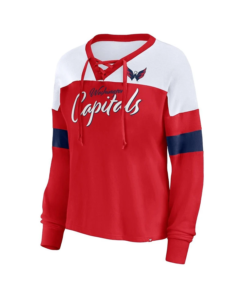 Fanatics Women's Red Washington Capitals Take the Shot Long Sleeve Lace-Up V-Neck T-Shirt
